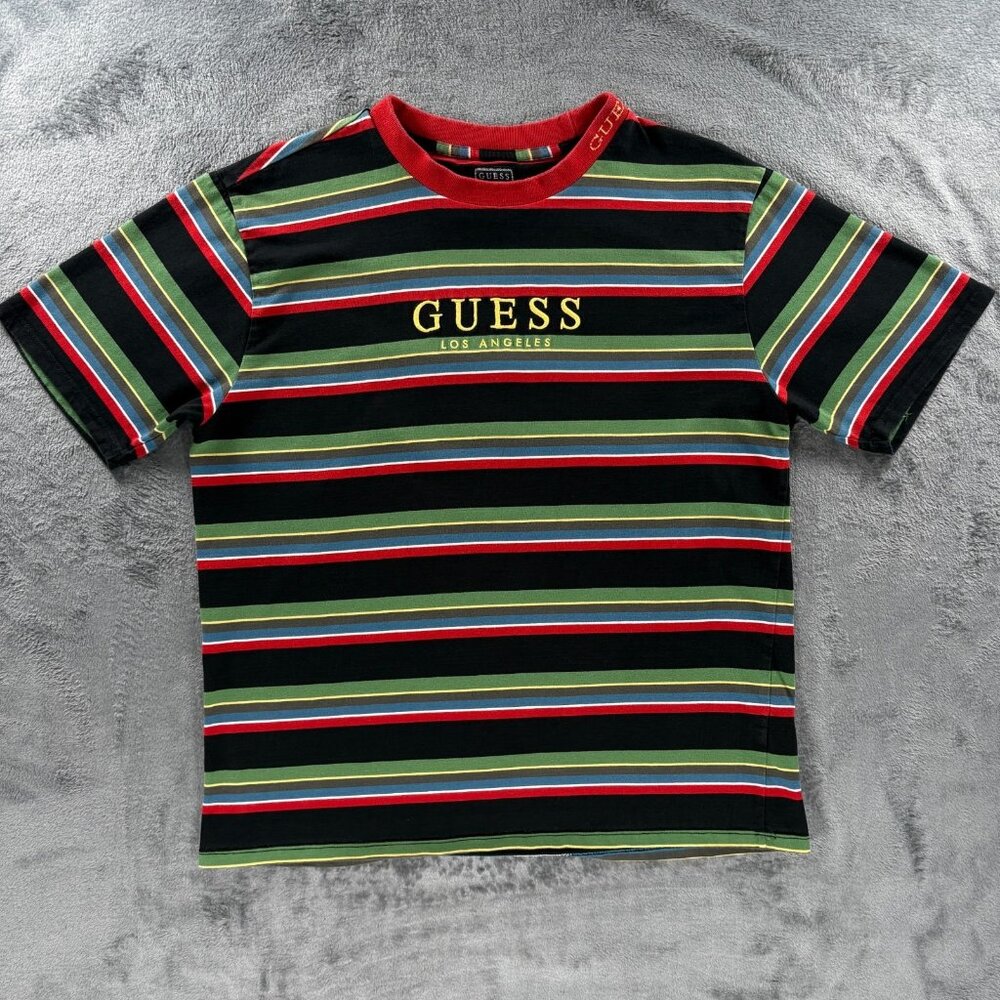 GUESS Los Angeles Striped Tee Men Medium Multi Color Striped Vintage Retro Y2K